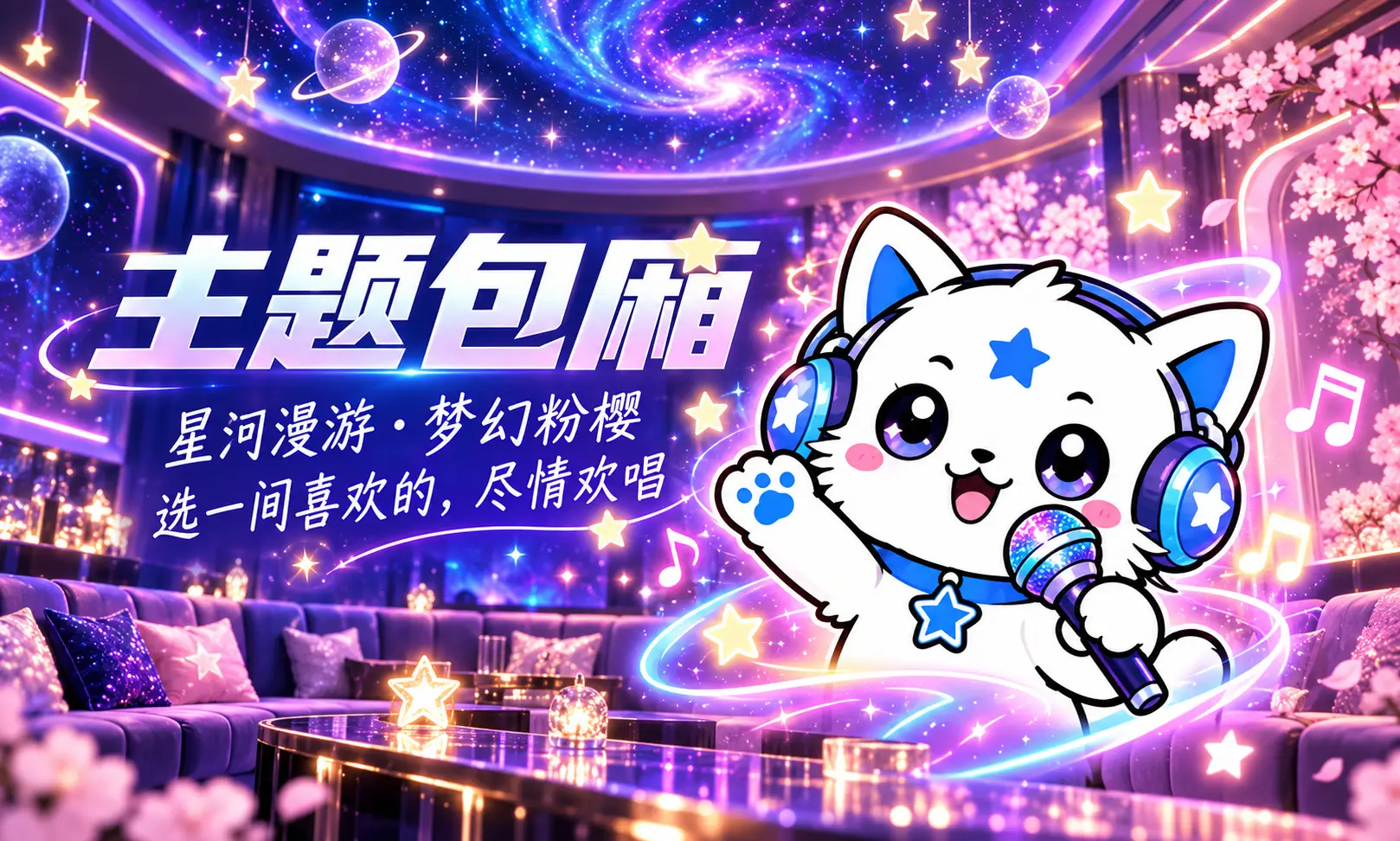 主题包厢，星河漫游、梦幻粉樱，选一间喜欢的，尽情欢唱